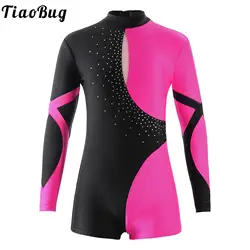 Kids Girls Long Sleeve Shiny Rhinestone  Contrast Color Hollow Back Dance Leotards Bodysuit For Ballet Sport