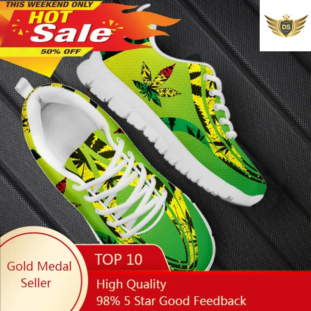 

New Arrival Lace-up Mesh Sneakers For Women 3D Weed Leaves Green Design Flat Shoes For Female Breathable Sport Shoes