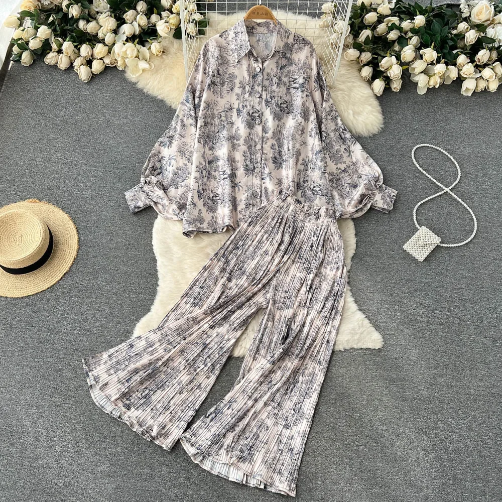 Fashion Women Pajamas 2-piece Sets Lantern Sleeve Printed Shirt Top + High Waist Casual Wide Leg Pants Two-piece Set Sleepwear