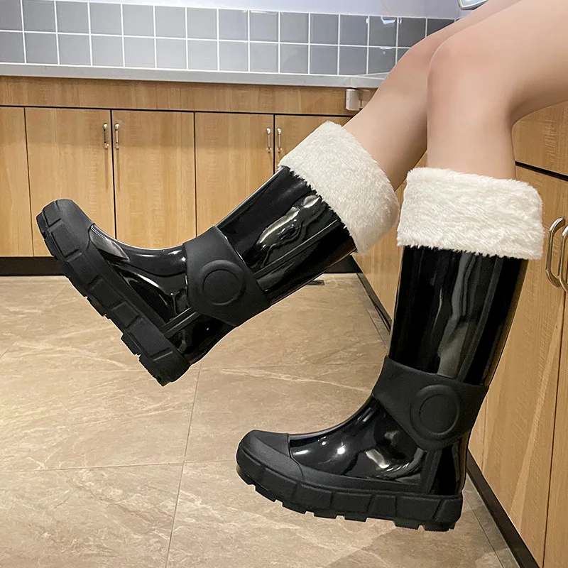 Women's High Rain Boots Wear Detachable Waterproof Rubber Shoes PVC Anti-slip Wear-resistant Velvet Fashion Solid Water Shoes