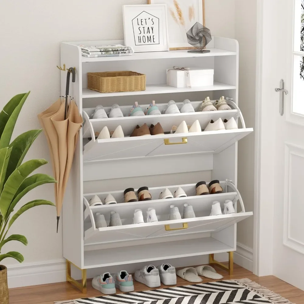 

Shoe Cabinet with 2 Flip Drawers, Freestanding Hidden Shoe Storage Organizer for Entryway, Narrow Slim Shoe Rack Cabinet