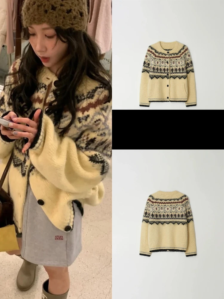 

Retro Sle Women's Knitted Open Cardigan Soft Cozy Lazy Sle Sweater Jaet Long Sve round Ne Button Closure Geometric...