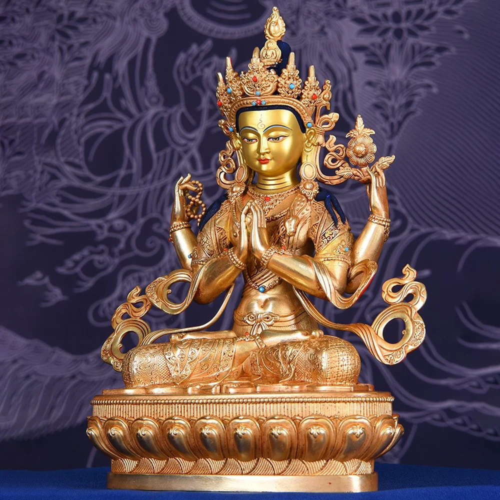 Small Gilded Green Tara Jambhala Avalokiteshvara Copper Statue, Painted Buddha Statue, Home Enshrined Deity Ornaments, 17cm