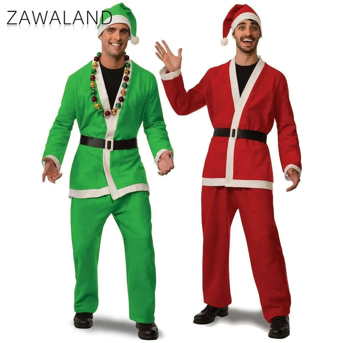 Zawaland Christmas Santa Claus Costume for Men Holiday Cosplay Clothes Xmas Party Top Pants Set Male Funny Performance Outfit