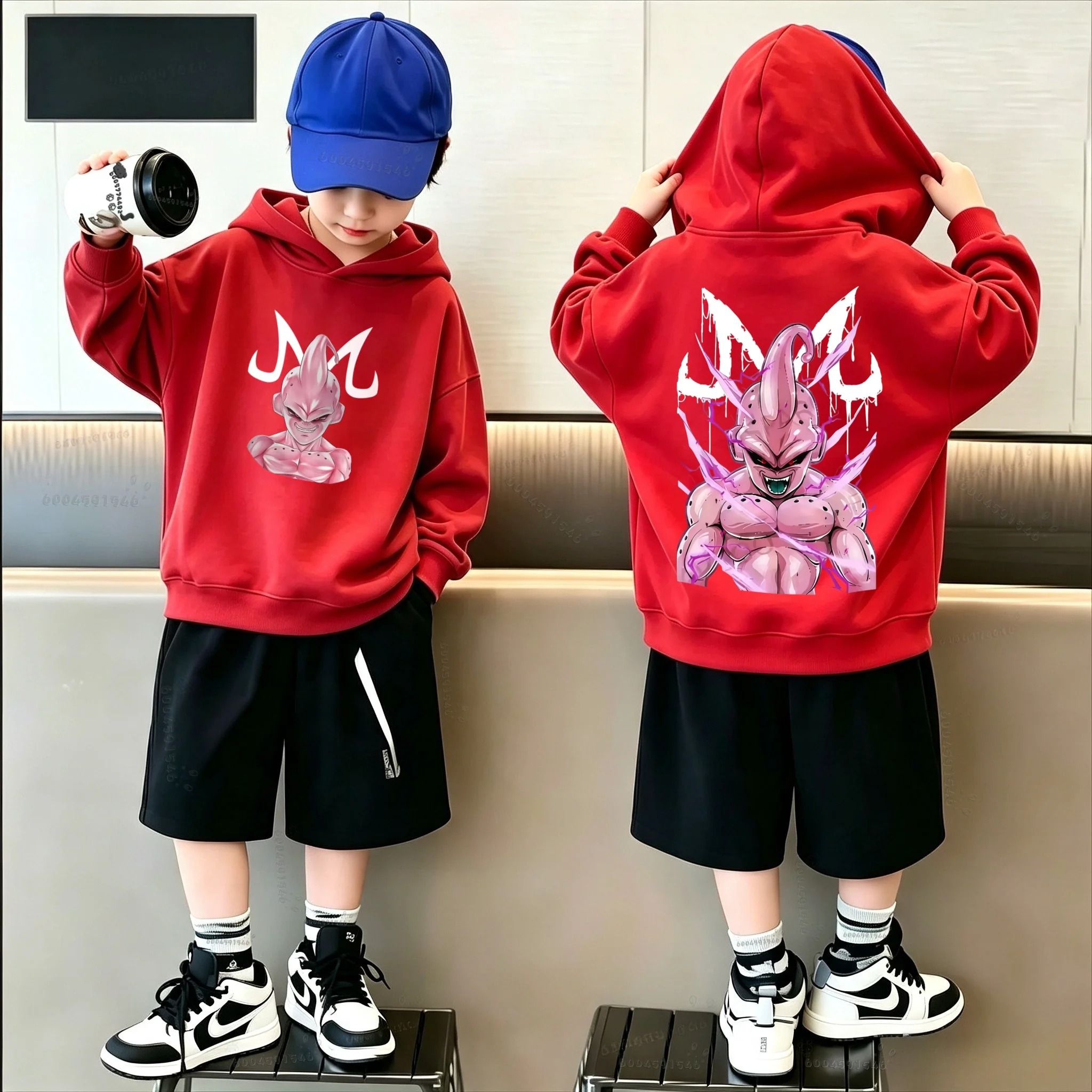 Latest model - Dragon Ball villain Buu full-pattern loose long-sleeved children's hooded pullover for boys and girls