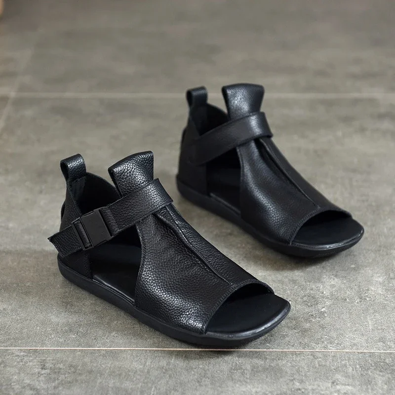 

Birkuir Open Toe Buckle Sandals For Women Low Heel Sandals Boots Hollow Out Flats Pleated Genuine Leather Soft Roma Sandals