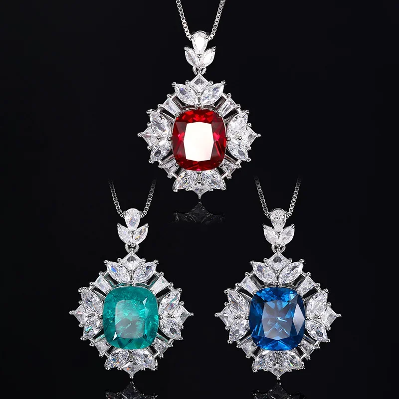 S925 Silver Plated 18K Gold Plated PT950 Platinum Red Corundum Blue Spindle Light Luxury Pendant for Women 14*16