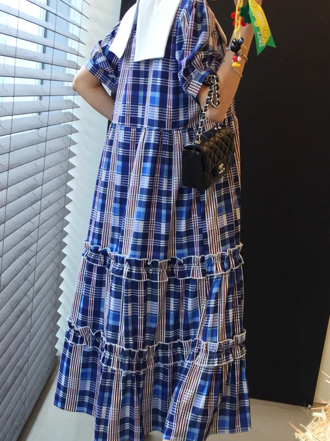 Marinekragen, A-Linie, Dr mit Cheered-Print und Farbkolion, langer Rock, Saum, Reisen, Fotografie, Freund, Frühling, Herbst, W...