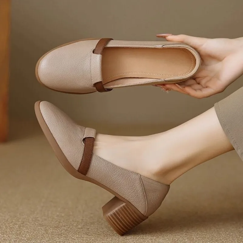 2026 Trending French Retro Women's Pumps, Thick Heel, Low-Cut, Soft Leather & Soft Sole, Round Toe High Heel Leather Shoes