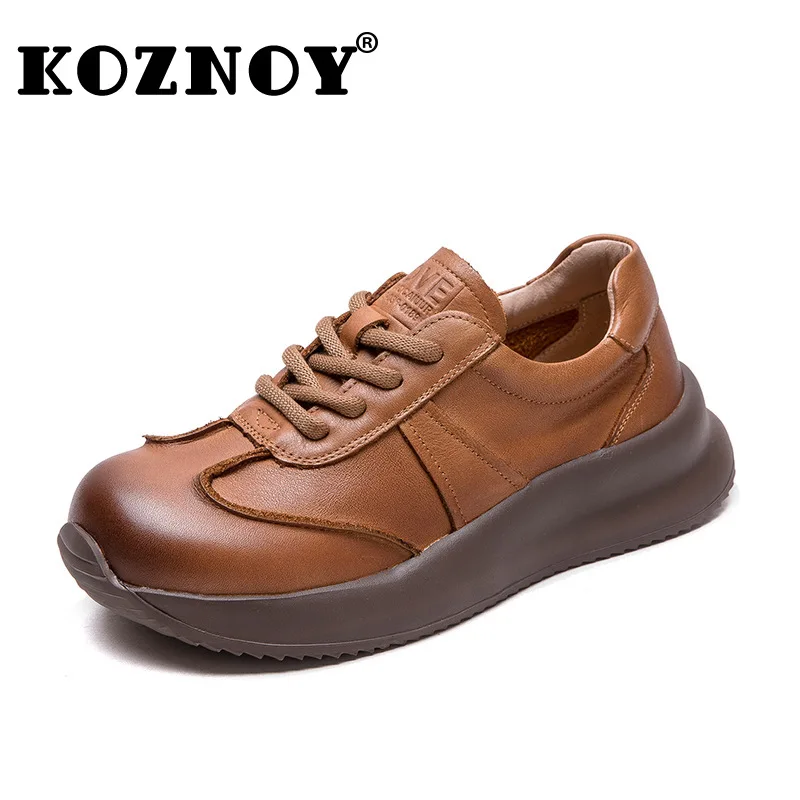 Koznoy sepatu bot Ankle wanita, sneaker Loafer kulit sapi asli nyaman musim semi musim gugur vulkanisir modis 4cm