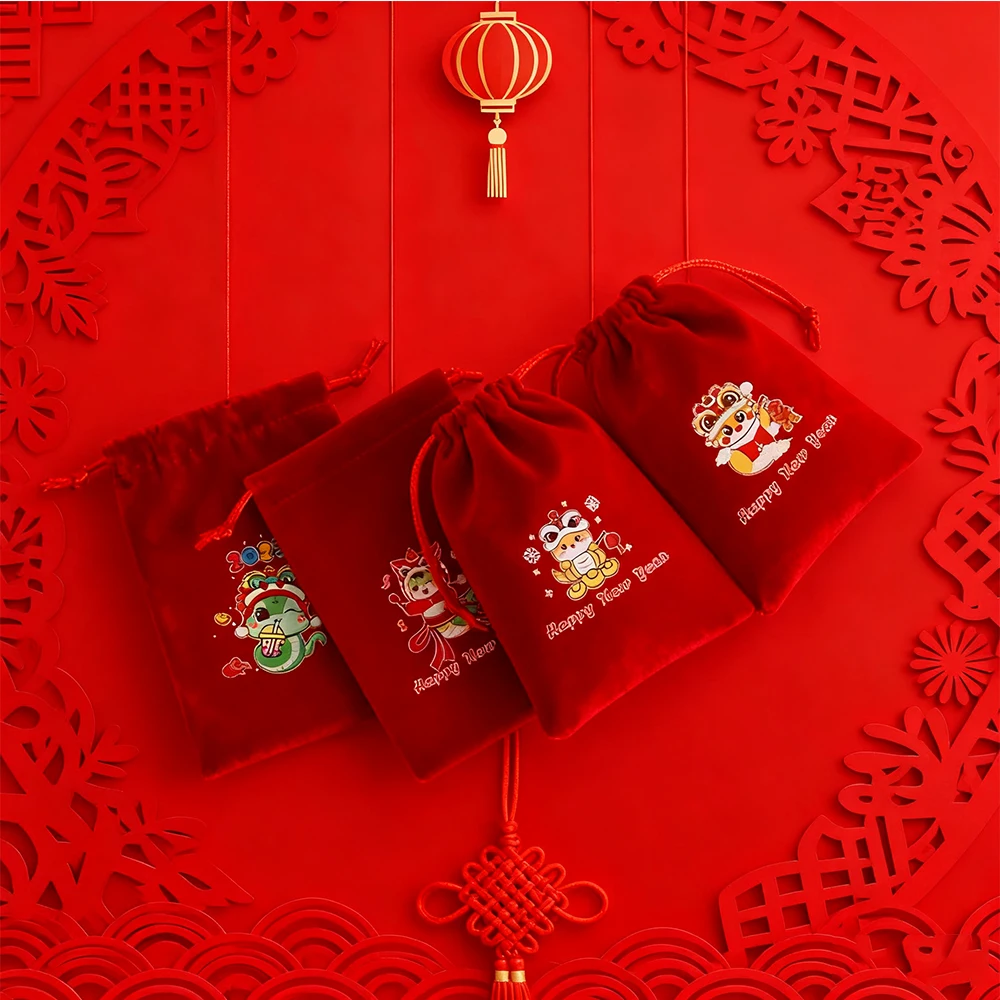 

10Pcs Red New Year Velvet Drawstring Gift Treat Bag Earrings Jewelry Packaging Chinese Spring Festival Party Candy Snake Pouch