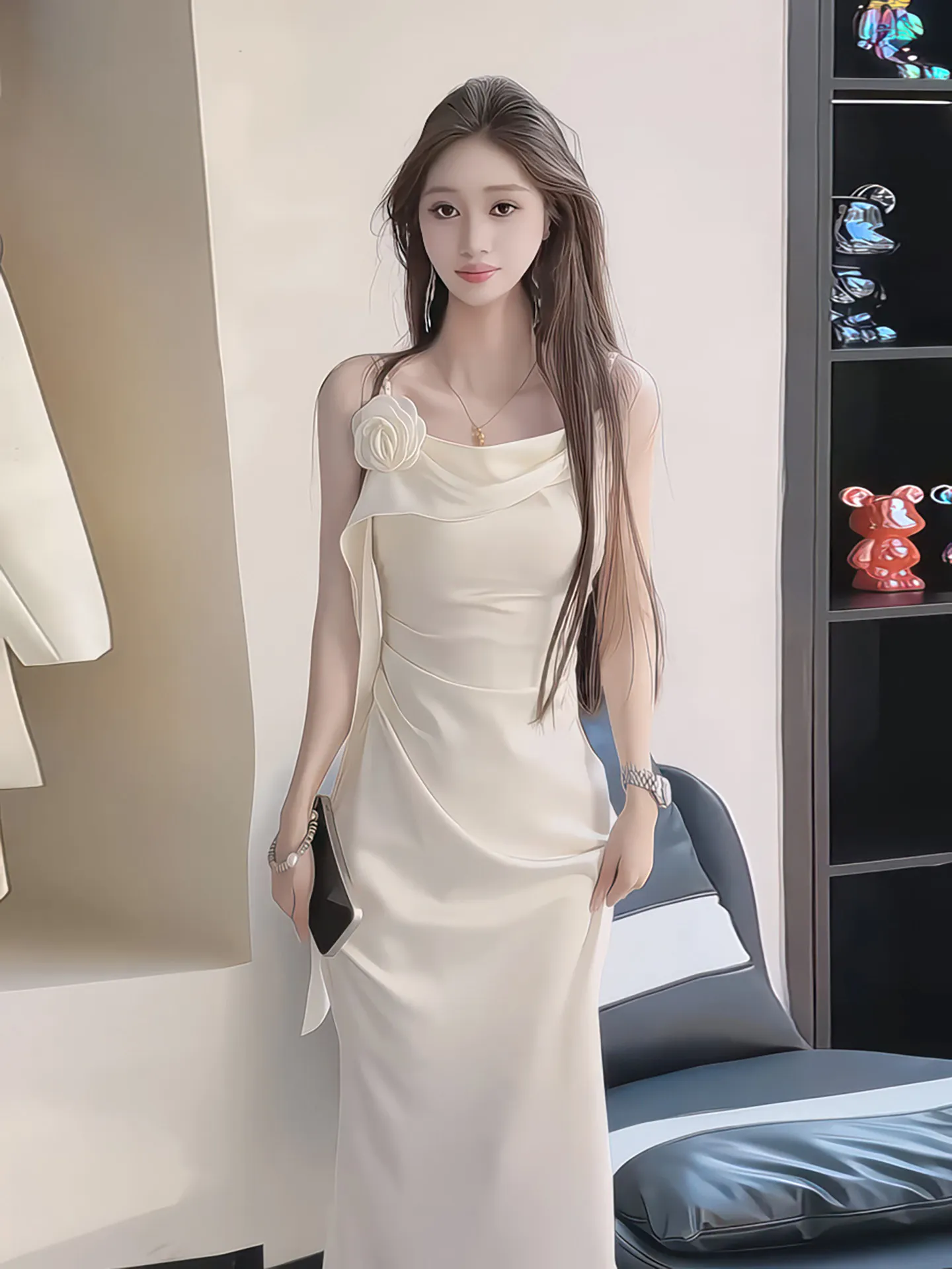 

Новое женское летнее платье Ele Satin Svel Strap 2026 с 3D-цветами, приталенное, длинное, для повседневной носки, в корейском стиле, А-силуэт