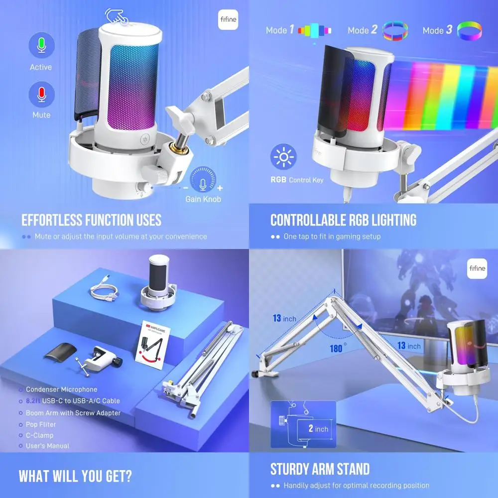 Kit de micrófono RGB de condensador con brazo de metal para PC gaming, transmisión y PS4/PS5 - A8T Blanco
