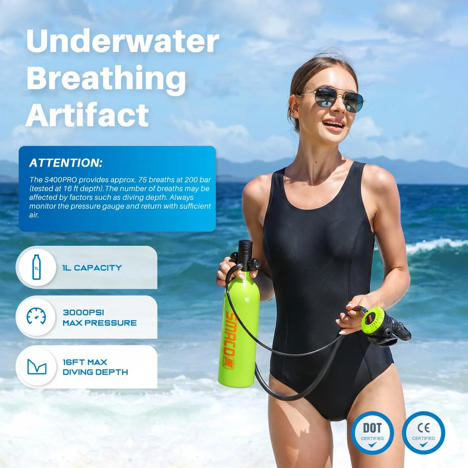 

SMACO 1L Mini Scuba Tank Reusable Lung Air Cylinder Kit Portable Underwater Exploration Diving Tank For Emergency Backup Use