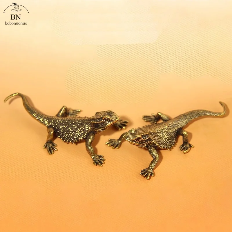 Antique solid Lizard Statue Tea Pet Desktop Toy Ornament Pure Copper Simulation Animal Miniatures Figurines Home Decoration