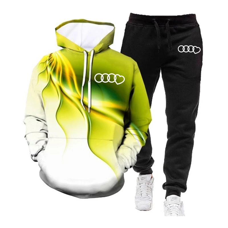 2024 New Fashion Mens Tracksuit Casual Hoodies+Sweatpants 2 Piece Set Autumn Hoodie 3D Printed Lightning Pocket Sweatshirt Suit