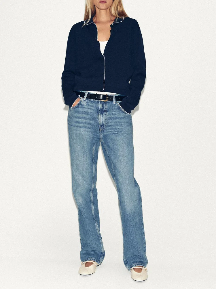 

Новая женская мода в европейском стиле, универсальный темпераментный контрастный цвет, пуговицы, вязаный кардиган с длинными рукавами, куртка