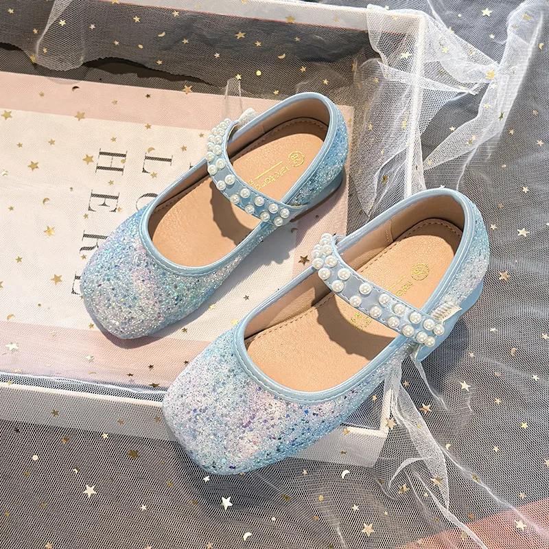 

Girls Pearl Mary Janes 2026 Student Crystal Princess Flats Kids Soft Sole Loafers for Baby Girls Blue shoe