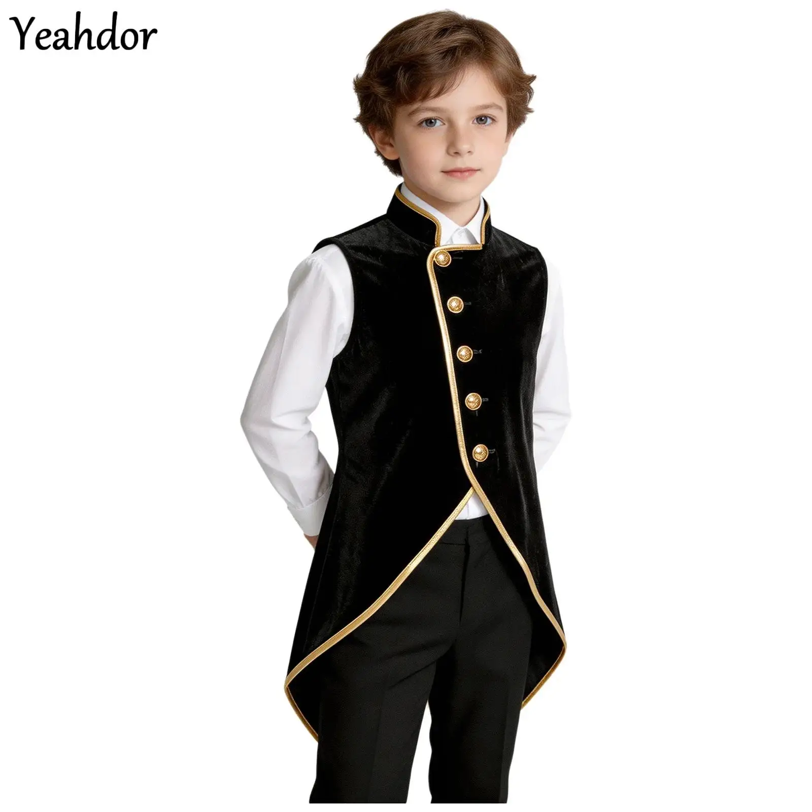 Veste de style médiéval, rénaissance, steampunk et gothique pour garçons, avec queue en velours, bordure métallique, gilet victorien, costumes de carnaval et d’Halloween.