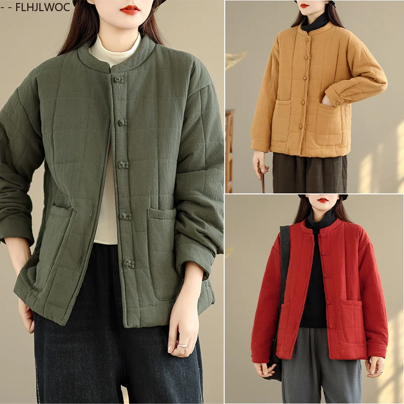 Cotton Linen Coats Outerwear Cute 2026 Autumn Winter Retro Vintage Chinese Style Women Stand Collar Knotted Buttons Parkas