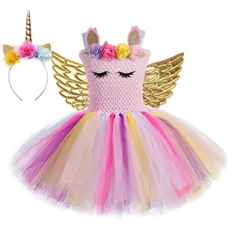 Pink Unicorn Princess Dress for Girls Cute Ballet Tutu Costume with Horn & Wings Kids Fancy Outfit for Birthday Halloween Party