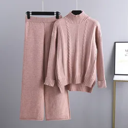 Women Autumn And Winter Fashion Temperament Loose Casual Wide Leg Pants Elegant Pink Turtleneck Knitted Sweater Two Piece Suit