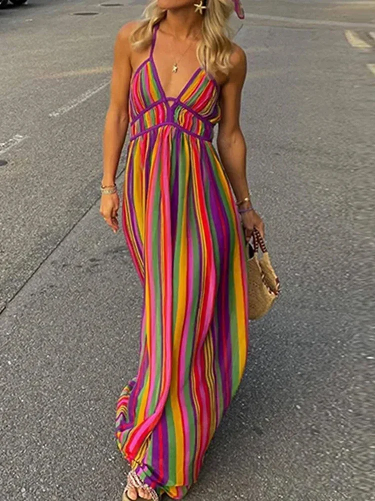Mode Hohl Rückenfreie Böhmische Kleider Sexy Damen V-ausschnitt Ärmellose Hohe Taille Langes Kleid Sommer Strand Bunte Streifen