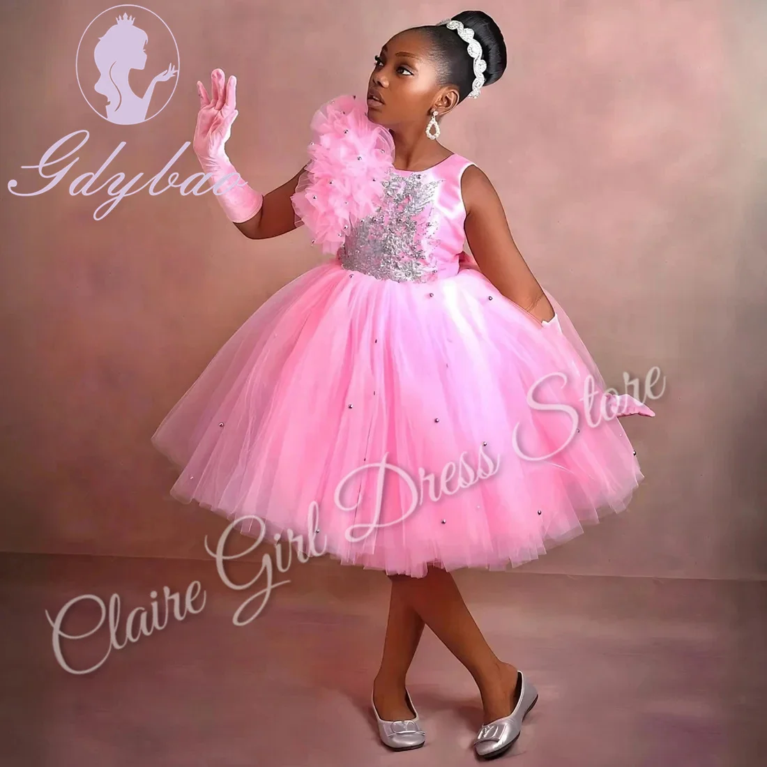 

Customized Pink Flower Girl Dresses For Wedding Sleeveless Appliques Puffy Child Birthday Evening First Communion Pageant Gown