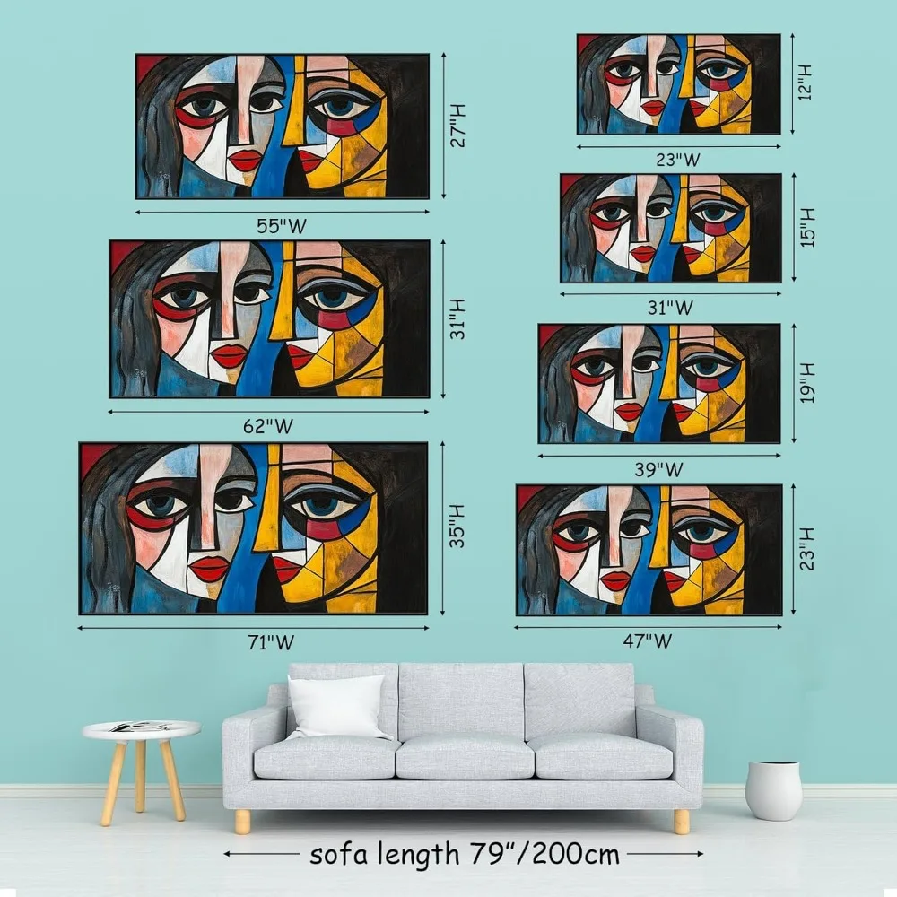 Seni Kanvas Wajah Wanita Abstrak, Lukisan Kubisme Picasso, Dekorasi Dinding Ruang Tamu (Bingkai Hitam, 62"x31" |   160x80cm)