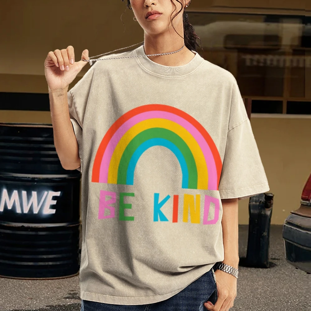 Color Rainbow Print T-Shirt Retro High Gram Weight Washed Denim Round Neck Neutral Wind Shoulder Down Trend New Short Sleeves