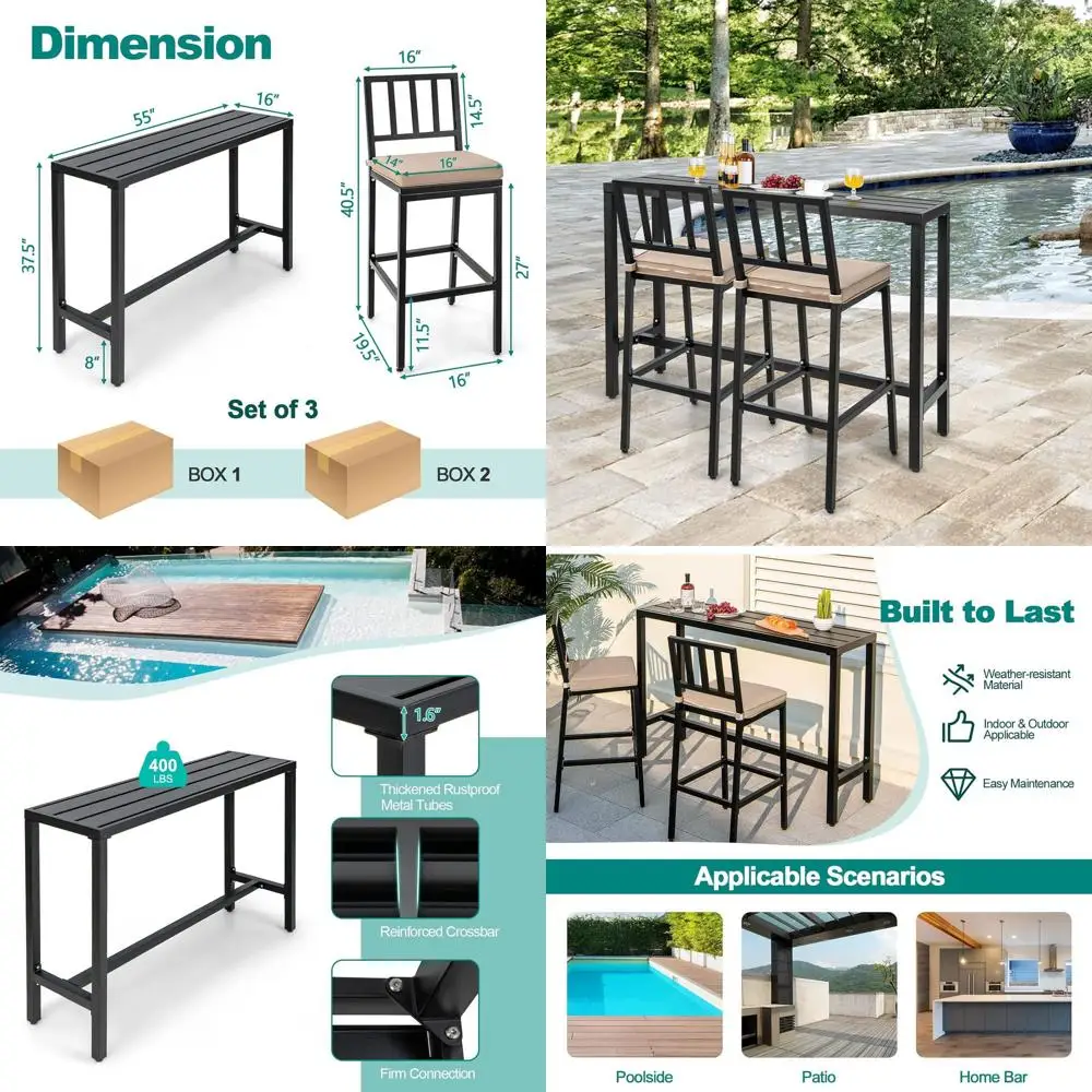 

55 High Top Outdoor Patio Bar Set with 2 Cushioned Stools, Metal Table and Chairs for Balcony, Backyard
