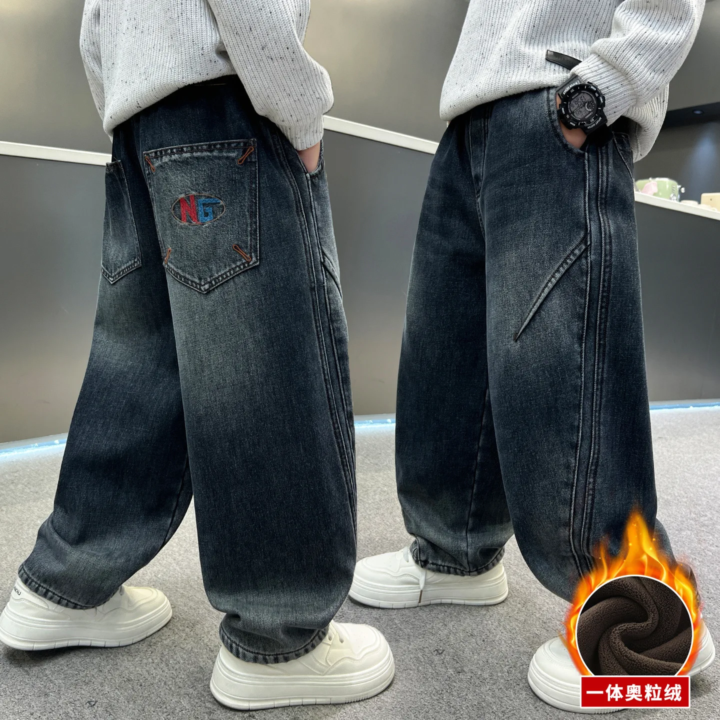 الأولاد الخريف الشتاء الجينز الأطفال صوف مبطن سميكة الدافئة مستقيم الساق السراويل إلكتروني طباعة المراهقين الاطفال الحرارية الدنيم السراويل