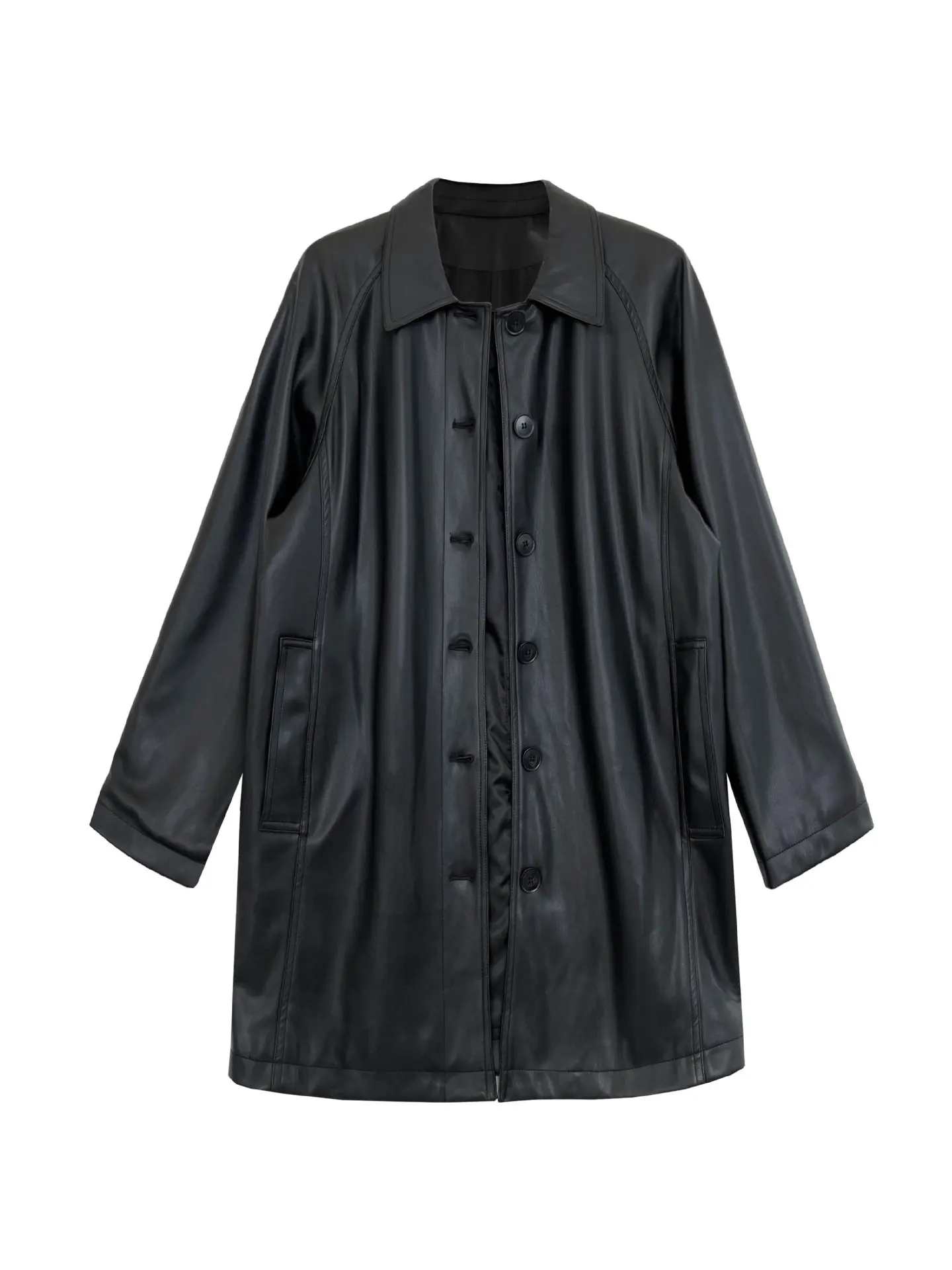Korean retro high-end black mid length leather jacket, autumn new soft glutinous PU jacket, top, women's clothing
