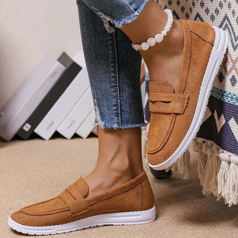 Women's Large Size Slip-On Loafers Spring Autumn New England Style Retro Bean Shoes Comfortable round Toe Velvet Leather Shoes
