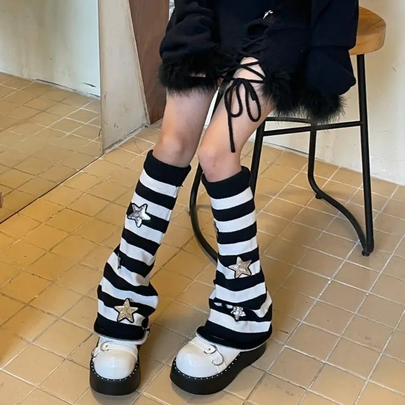 L5YC Women Knitted Leg Warmers Harajuku Warm Foot Cover-Star Striped Leg Warmers