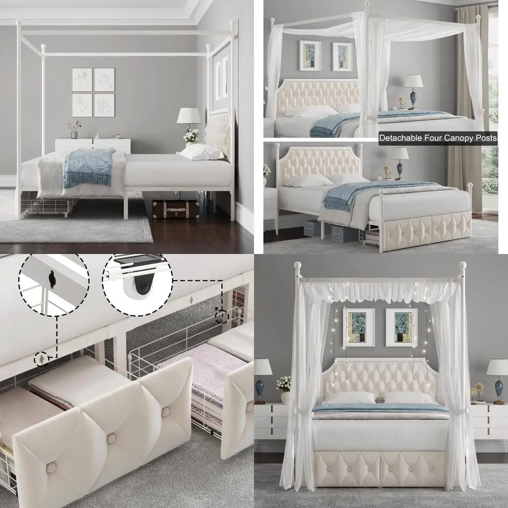 

Upholstered Queen Bed with Button-Tufted Headboard, 2 Drawers, Metal Platform Base, Velvet Surface, No Box Spring Needed, Beige