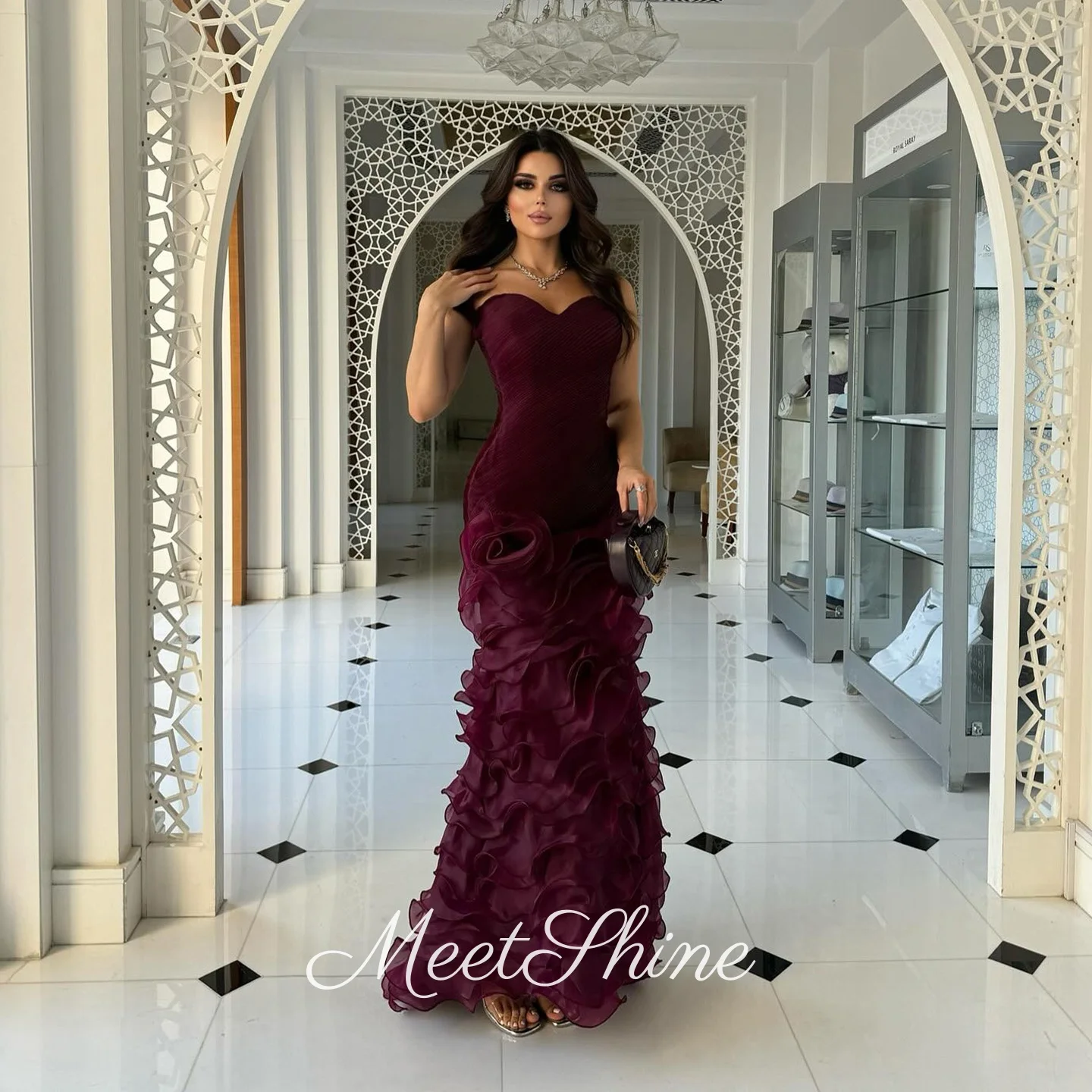 

Элегантное бордовое вечернее платье из органзы с сердечком и русалкой, Дубай, многоуровневое платье для выпускного вечера с 3D цветами, вечернее платье по индивидуальному заказу