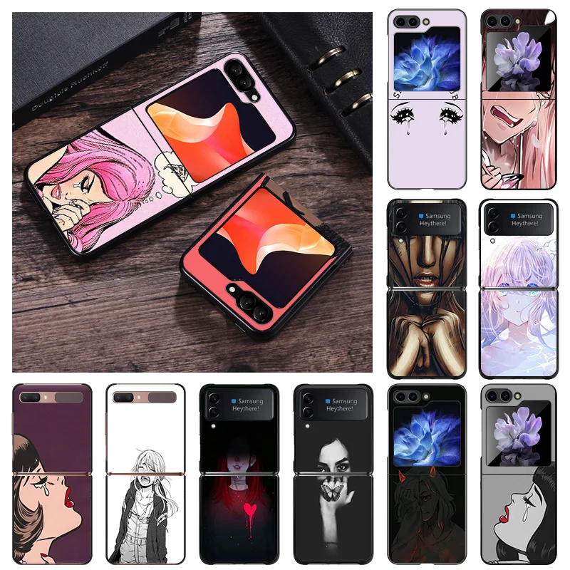 Matte Phone Case For Samsung Galaxy Z Flip6 5G Flip5 Flip4 Flip3 ZFlip 6 3 4 5 Cartoon Crying Girl Sad Hard Black Cover