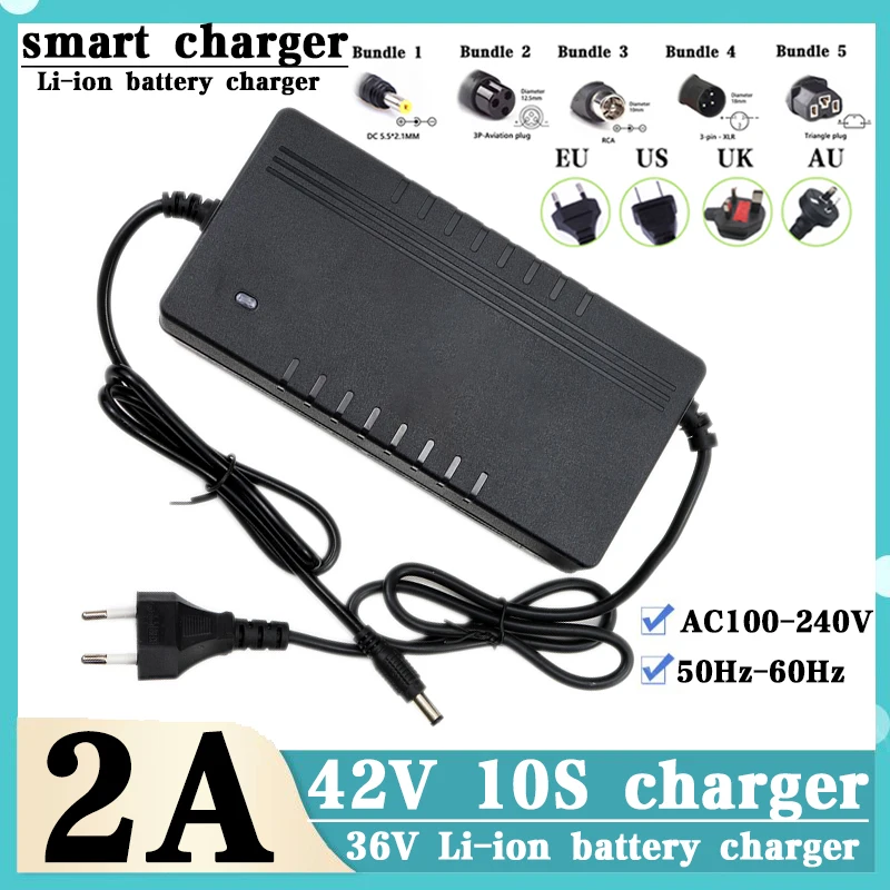 New 42V 2A Lithium ion Charger 10S Battery AC110-220W 50/60Hz Electric Vehicle Motorcycle   Pack Intelligent Protection Camping