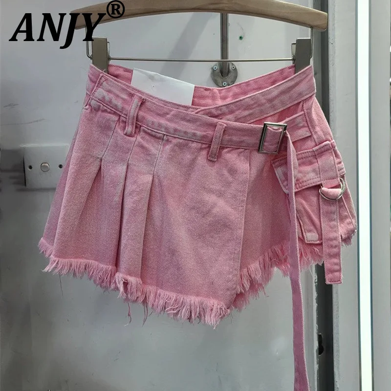 

ANJY Summer New Women's Tide Streetwear Niche Design Fashion Versatile Denim Hot Pants Asymmertic High Waisted Short Jeans A7715