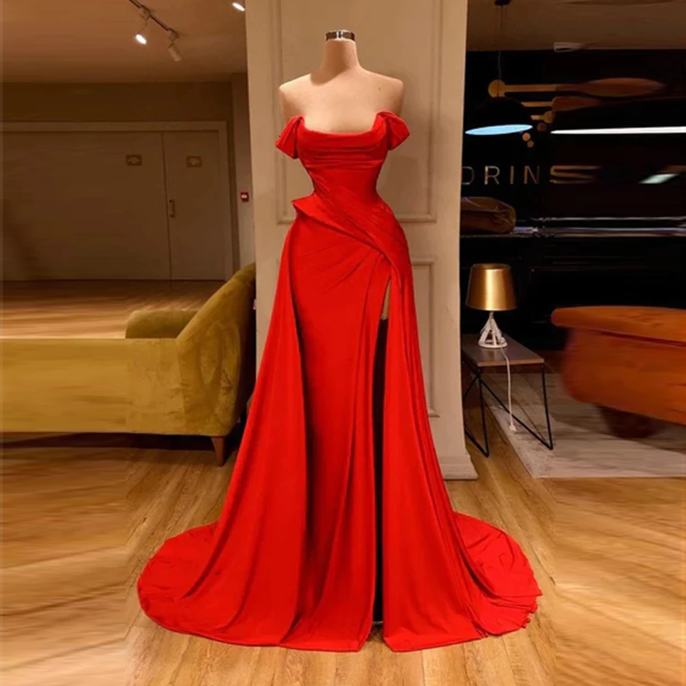 Elegant Slim Satin Party Evening Dresses Beautiful Romantic Fashion Off The Shoulder Sleeveless High Slit Prom Gowns For Women