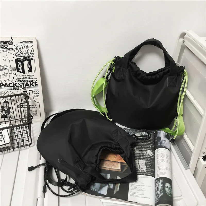 Shoulder bag men\'s ins tide bag simple drawstring nylon satchel street trend light sports bag Korean version