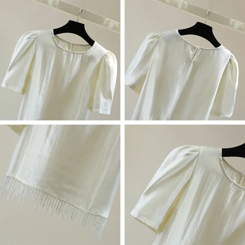 Nail bead fringe bubble sleeve summer Korean slimming high waist short cut solid color bright face short sleeved T-shirt