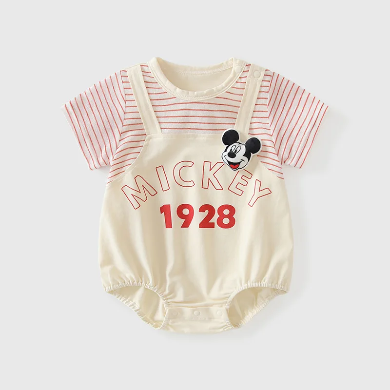 

MINISO Микки, летняя детская одежда для маленьких мальчиков и девочек, полосатый комбинезон, хлопковое боди с короткими рукавами, очаровательный дышащий костюм для детей 0-1 года