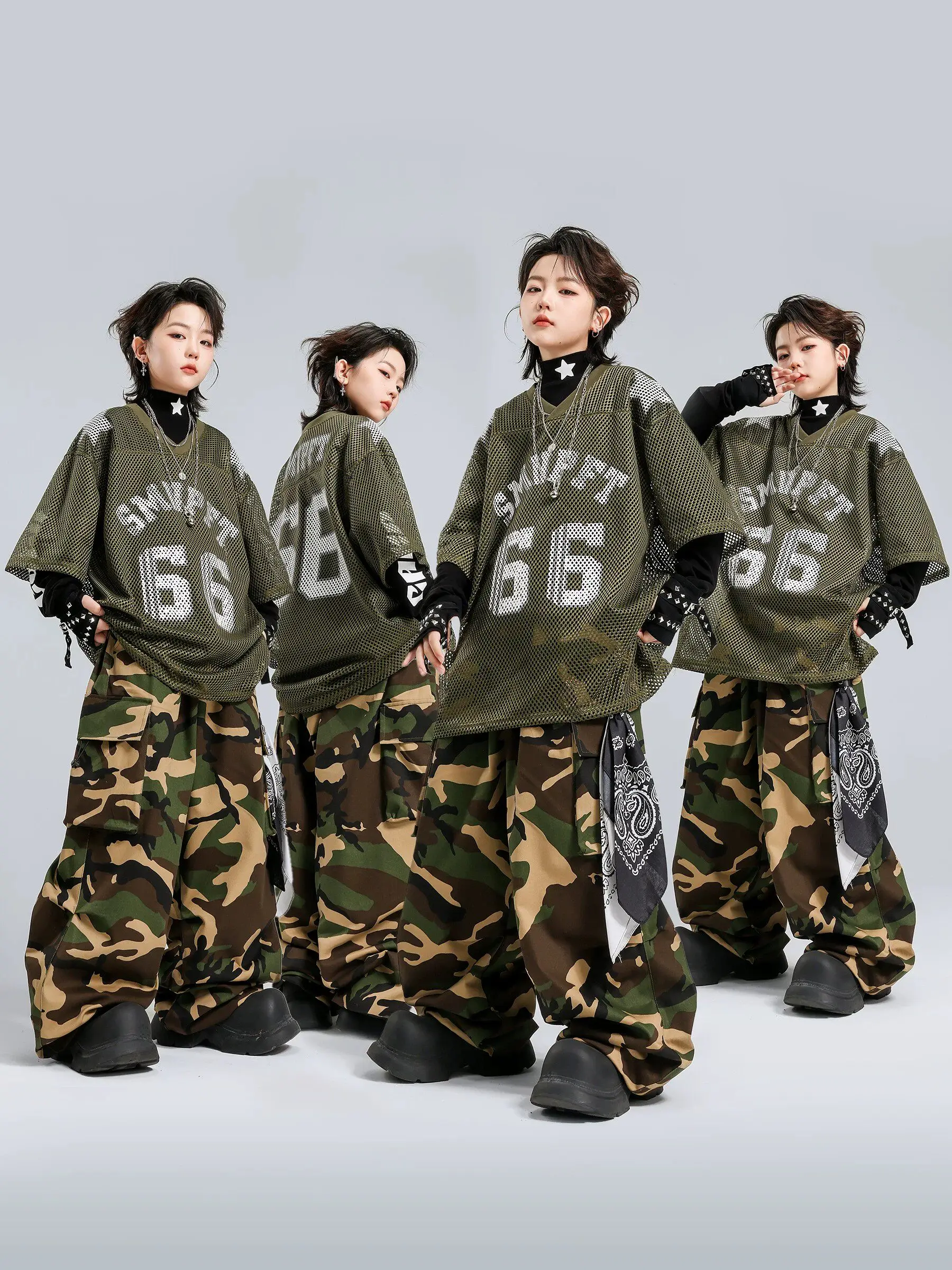 

New Boys Mesh T-Shirt Camouflage Pants Jazz Dance Suit For Kids Modern Hip Hop Dance Performance Clothing Streetewear DQS22636