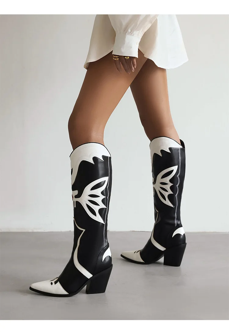 Design Leather Wedges Knee High Western Boots Women Embroidery High Heel Print Pointed Toe Boots ROME Gladiator Dress Lady Shoes image 3