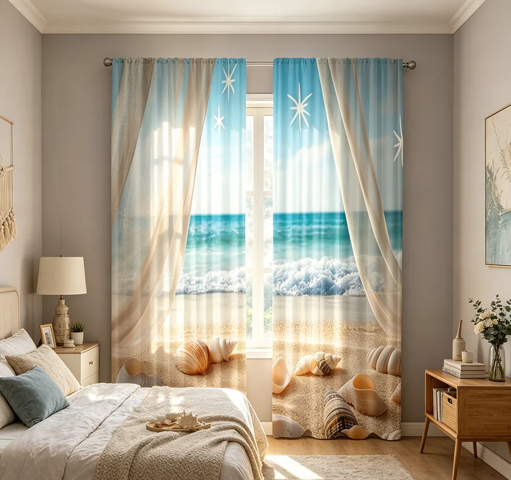 Digital Printed Curtains with Seashell Beach Design, Stylish Window Drapes for Living Room Bedroom Home Decoration