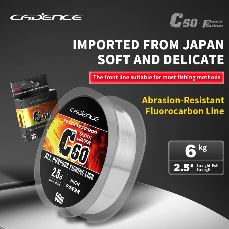 Fil de pêche Cadence C60 en fluorocarbone et ligne principale en carbone pour la pêche au leurre en eau salée, importé du Japon, ligne de pêche de haute qualité