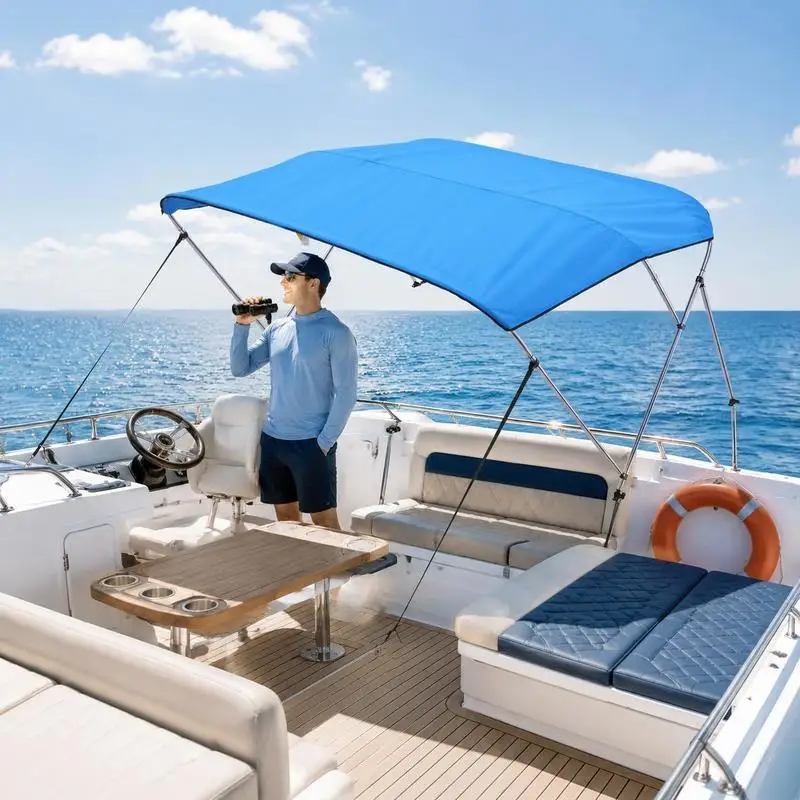 Bimini Top Boots Sonnenverdeck 3 Bögen, N Pour différents bateaux, poids net : 15 cm, tissu polyester 600D de haute qualité avec cadre en alliage d'aluminium, couleur bleu marine, deux points de pliage