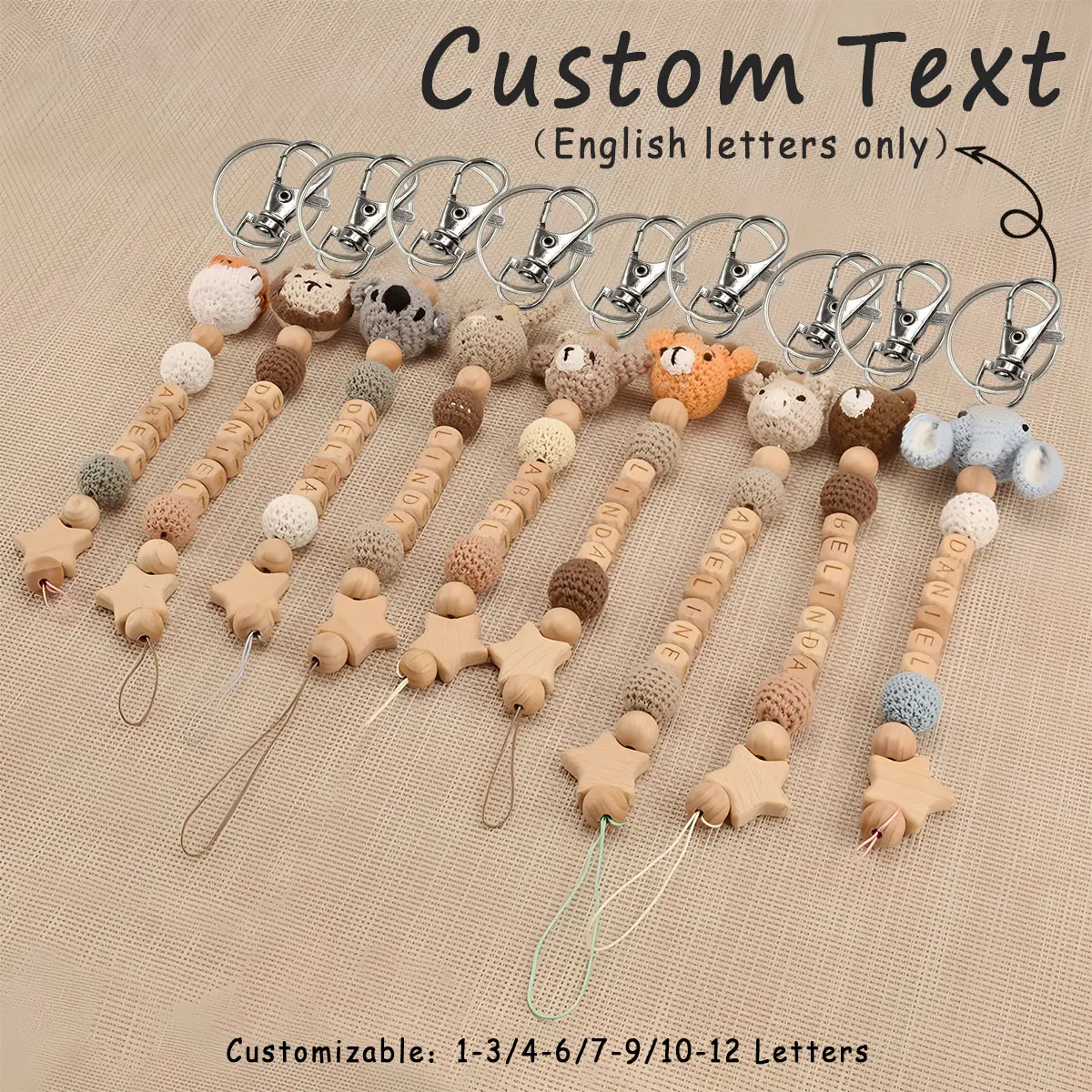 1 Stück personalisierter Plüschtier-Schlüsselanhänger mit Holzperlen, Hirsch/Löwe/Bär/Elefant/Fuchs/Koala, Namensschild, einzigartiges handgemachtes Geschenk